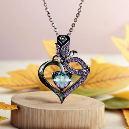 VOLUKA Created Opal/Amethyst/Mystic Topaz Pendant Necklace for Women,18K White/Rose Gold Plated Chain Wedding Engagement Jewelry Gift - color: N-Black Heart Jewelry Set