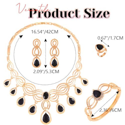 JEAIRTS Black Crystal Necklace Set 4Pcs Statement Jewelry Sets for Women | Black and Gold Formal Necklace Earrings Ring Bracelet Sets