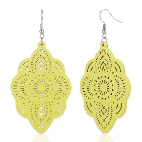Boho Black Filigree Dangle Earrings for Women, Lightweight Hollow Lace Drop, Wood, 3.34" x 1.69", Bohemian Jewelry - color: Light Green