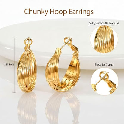 Earrings for Women, Saguine Chunky 14K Gold Plated Hoop Earrings Trendy | Chunky Earring, Big Large U-Shape Drop Twist Dangle Statement Stud Hoops Earrings, Jewelry for Women Gifts - style: Large