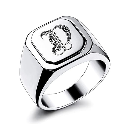 Initial Ring Letter Signet Ring for Men Women Personalized Name Engraved Stainless Steel Fashion Jewelry Wedding Couples Father Day Gift with Ring Size Adjusters - color: A1: Silver (Initial Royal)