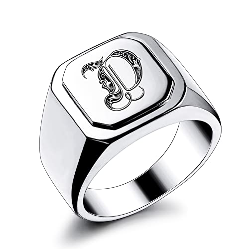 Initial Ring Letter Signet Ring for Men Women Personalized Name Engraved Stainless Steel Fashion Jewelry Wedding Couples Father Day Gift with Ring Size Adjusters - color: A1: Silver (Initial Royal)