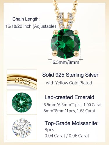 CYW Genuine Sapphire/Emerald/Ruby/Moissanite Necklace for Women, Really Authentic Solid 925 Sterling Silver, 16"/18"/20" Adjustable Chain, Anniversary Mother's Day Valentines Gift - color: Emerald - Round - Yellow Gold, size: 8mm