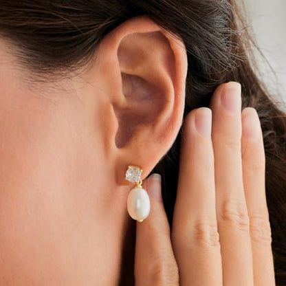 Pearl Earrings - 14K Gold/White Gold/Rose Gold Plated Cubic Zirconia CZ Diaomond Accented Pearl Drop Dangle Earrings for Women Wedding Bridal Prom - color: Drop 83