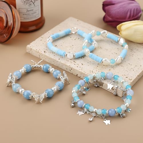 Besydec Stackable Boho Beaded Bracelets With Natural Stone & Pearl Heart & Clay Beads for Women,Adjustable Silver Jewelry - color: Blue
