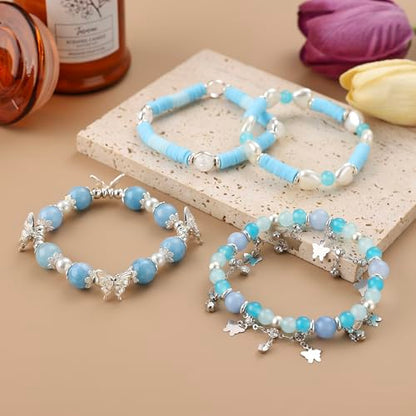 Besydec Stackable Boho Beaded Bracelets With Natural Stone & Pearl Heart & Clay Beads for Women,Adjustable Silver Jewelry - color: Blue