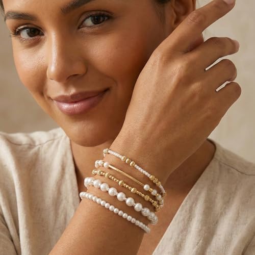 14K Gold Plated Beaded Bracelets Stack Set for Women,Stretch Boho Ball Jewelry Friendship Trendy - color: Gold silver pearl