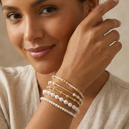14K Gold Plated Beaded Bracelets Stack Set for Women,Stretch Boho Ball Jewelry Friendship Trendy - color: Gold silver pearl