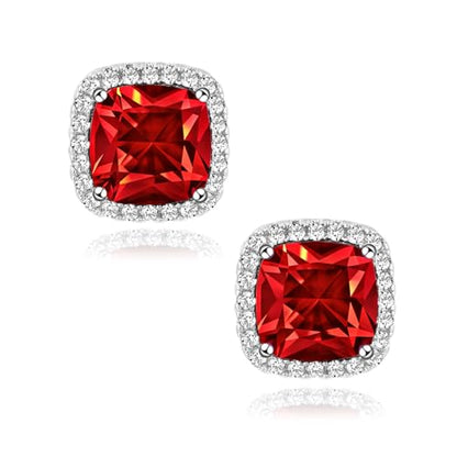 Square Cubic Zirconia Earrings Stud 7mm Birthstone Studs Earrings Hypoallergenic Princess Cut Earrings 925 Sterling Silver Post Studs Earrings for Women - color: Ruby