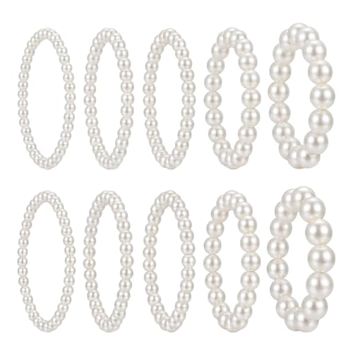 QUUPY 10Pcs White Faux Pearl Bracelets Set, 5 Sizes Stackable Elastic Beaded Bracelets, Elegant Jewelry for Bridal, Wedding, Bridesmaid, Party, Daily Wear and Gifts