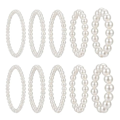 QUUPY 10Pcs White Faux Pearl Bracelets Set, 5 Sizes Stackable Elastic Beaded Bracelets, Elegant Jewelry for Bridal, Wedding, Bridesmaid, Party, Daily Wear and Gifts