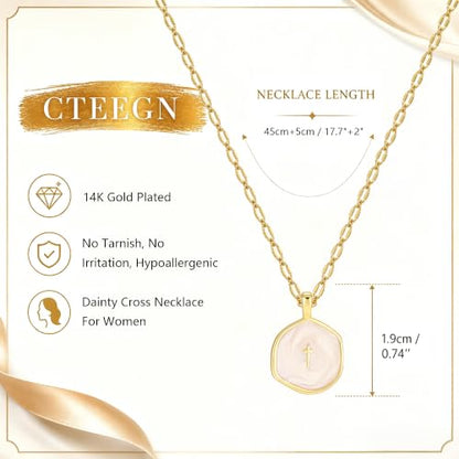 14K Gold/Silver Plated Cross Necklace for Women White Enamel Pendant | Unique Brass Irregular Disc Cross, Dainty Minimalist Faith Jewelry for Everyday Wear, Comes in a Beautiful Box - style: gold style3