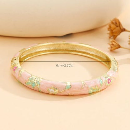 Cloisonne Bracelet For Women, Chunky Bangle Trendy Cute Flower Enamel Bangles Multi Tone Engraved Cuff Gold Plated Bracelets Stackable Wife Jewelry Friendship Gift - color: Red