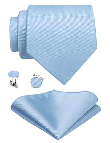 GUSLESON 3.15"（8cm） Solid Color Necktie and Pocket Square Cufflinks Sets For Men + Gift Box - color: Baby Blue