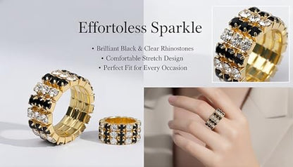 Sparkling Rhinestone Ring Set Trendy Elastic Rhinestone Crystal Stretch Ring Stackable Jewelry for Women Girls - color: 3 Rows Ring-Golden+White+Black