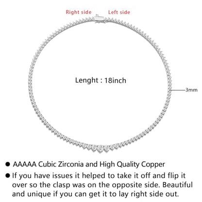 BREN 3 Prong Graduated Tennis Necklaces for Women Men, 18K White/Yellow Gold Plated 16/18 inches Round Cubic Zirconia Dainty Chain Wedding Jewelry Gift - color: White Gold, size: 18 inch