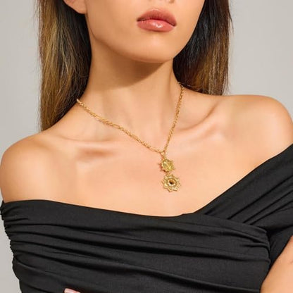 Chunky Gold Necklace for Women, 18K Waterproof Heart Necklace Statement Necklace Gold Charm Necklace Chunky Jewelry Paperclip Chain Choker Gift for Women - style: Flower Sun Coin