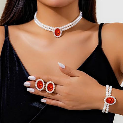 Brishow Pearl Necklace Jewelry Set Wedding Pearls Earrings Necklaces Set Bridal Crystal Bracelet Jewelry for Women (Pack of 3) - color: Red, size: 2 Layered