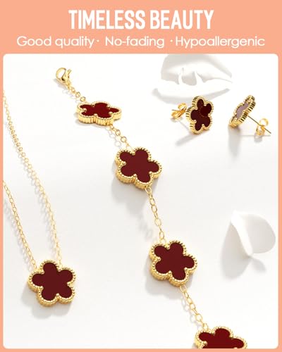 AICase Clover Jewelry Set,18K Gold Plated Lucky Clover Bracelet,Four Leaf Clover Necklace and Clover Earrings Fashion Jewelry Sets Gifts for Women/Mon - color: Red