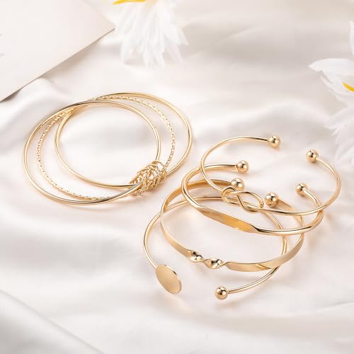 Rrdaily 14k Gold Plated Bangle Bracelet Set for Women,Silver Stackable Multi-Layer Circle Charm Bracelet,Trendy Simple Layered Non Tarnish Cuff Bracelet - color: Gold