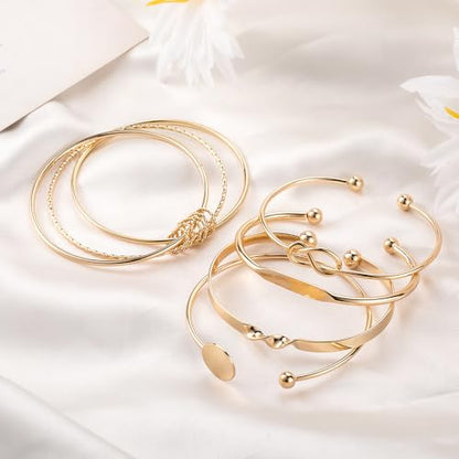 Rrdaily 14k Gold Plated Bangle Bracelet Set for Women,Silver Stackable Multi-Layer Circle Charm Bracelet,Trendy Simple Layered Non Tarnish Cuff Bracelet - color: Gold
