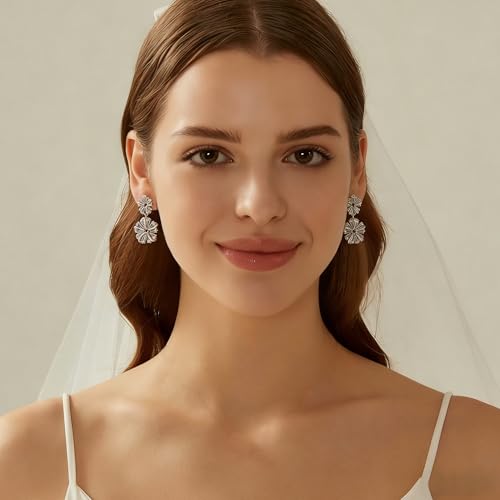 Gemsme Bridal Wedding Earrings for Brides Bridesmaides, 925 Sterling Silver Posts hypoallergenic Cubic Zirconia stud,Drop & Dangle Earrings for Women Jewelry Gifts - color: White - Flower Drop Earrings