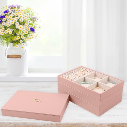 Voova Stackable Jewelry Organizer Tray with Lid (Set of 4, Pink) | Stackable PU leather jewelry trays with drawer inserts for earrings, rings, necklaces, bracelets and watches; set of 4 - color: Pink