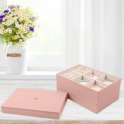 Voova Stackable Jewelry Organizer Tray with Lid (Set of 4, Pink) | Stackable PU leather jewelry trays with drawer inserts for earrings, rings, necklaces, bracelets and watches; set of 4 - color: Pink