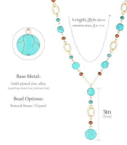 FULU AUTUMN Long Gold Beaded Necklaces for Women Natural Stone Bead Statement Pendant Necklace Y Sweater Chain Fashion Jewelry Gifts - color: Turquoise