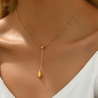 18K Gold Plated Minimalist Drop Y-Shaped Necklace for Women | Simple Lariat Necklace, Minimalist Everyday Jewelry,Y-Shaped Necklace - style: Y Waterdrop-Gold