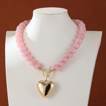 Chunky Heart Necklaces for Women Colorful Resin Beaded Necklaces for Women Gold Puffy Heart Statement Necklace Trendy Acrylic Choker Jewelry Gift - color: light pink