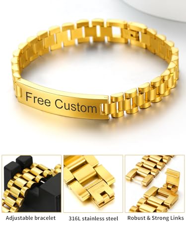 ChainsHouse Men Stainless Steel Bracelet Adjustable Custom ID Engraved Gift | Personalized Silver/Gold/Black for Birthday Father Husband Boyfriend with Gift Box Adjustable Tool 10mm/15mm/15.5mm 8.3"/8.7" - color: K.10mm Width-Gold-Custom