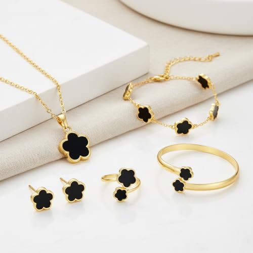 Clover Jewelry Set for Women Non Tarnish Gold-Tone Five Leaf Clover Necklace, Earrings, Ring, Bracelet Fashion Simple Floral Jewelry Set - color: Black