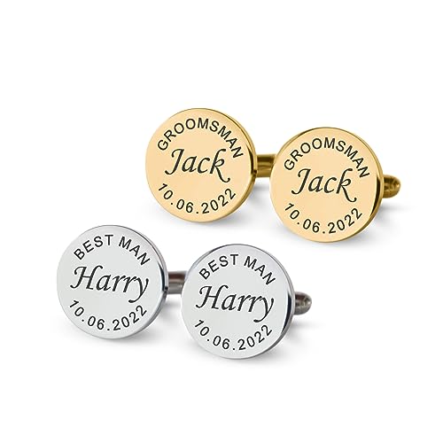 Custom engraved cufflinks for men, personalized wedding gift for groom, father of the bride & groom dad, best men, customized gold & silver cufflinks with dates, quotes or couples initials from bride - style: Groomsman - Best Man