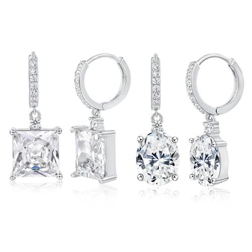 2-4 Pairs Dangle Drop Earrings for Women, 18K Gold Plated Cubic Zirconia Drop Dangle Huggie Hoop Earrings CZ Teardrop Hypoallergenic Jewelry - color: White-2 Pairs-Square//Oval