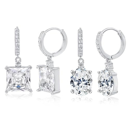 2-4 Pairs Dangle Drop Earrings for Women, 18K Gold Plated Cubic Zirconia Drop Dangle Huggie Hoop Earrings CZ Teardrop Hypoallergenic Jewelry - color: White-2 Pairs-Square//Oval