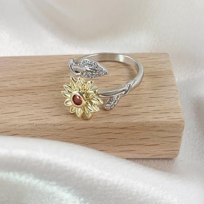 Hebelee Rotatable CZ Sunflower Spinner Ring for Women Fashion Crystal Rotating Flower Stackable Statement Open Wrap Finger Rings Comfort Fit Adjustable Fidget Anxiety Relieving Stress Jewelry - color: Leaf