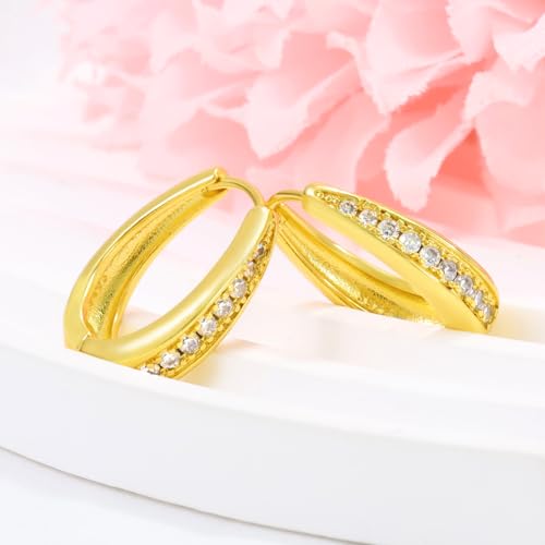 Hoop Earrings for Women Chunky Huggie Hoop Earrings Gold Sterling Silver Cz Oval Hoop Earrings Lightweight Chunky Thick Hoops Dainty Hypoallergenic Jewelry for Mom Wife Birthday Party Gifts - color: Gold