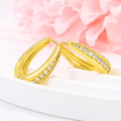 Hoop Earrings for Women Chunky Huggie Hoop Earrings Gold Sterling Silver Cz Oval Hoop Earrings Lightweight Chunky Thick Hoops Dainty Hypoallergenic Jewelry for Mom Wife Birthday Party Gifts - color: Gold