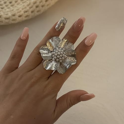 Gold Flower Ring for Women Trendy Silver Flower Statement Ring Adjustable Minimalist Rings Jewelry - color: Silver, style: Pearl Flower