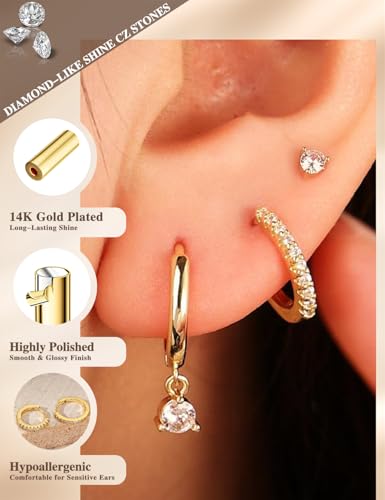Freekiss 3 Pairs Hoop Earrings Set - Dainty Stud Dangle Cartilage for Women | Hypoallergenic Earrings, Cubic Zirconia Stackable Trendy Small Set Jewelry Gifts for Women - style: rounded cz dangle earrings-GD