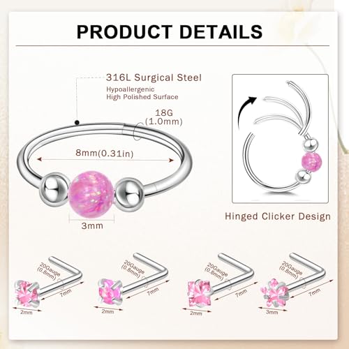 ONESING 9-40 Pcs Nose Rings - Hoops, Studs & L Shape - Hypoallergenic Stainless Steel Nose Piercings for Women & Men - color: pink-L shaped