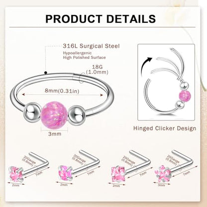ONESING 9-40 Pcs Nose Rings - Hoops, Studs & L Shape - Hypoallergenic Stainless Steel Nose Piercings for Women & Men - color: pink-L shaped
