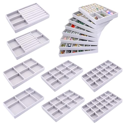 8Pack Jewelry Drawer Organizer Inserts, Stackable Jewellry Case Velvet Jewelry Tray for Necklaces, Earring, Rings Bracelet - color: Grey, size: 8 Pack