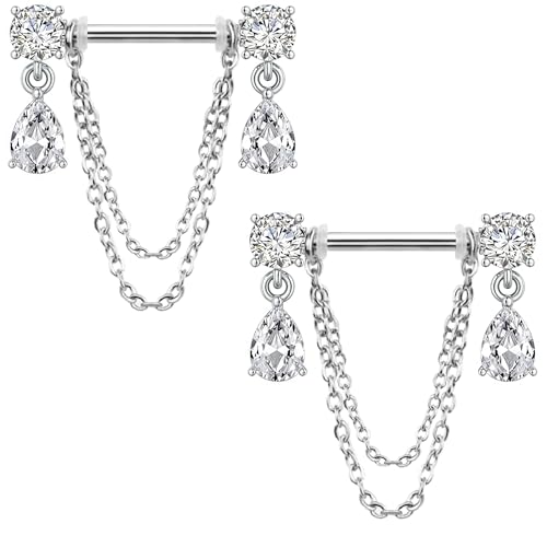 Dangle Chain Nipple Piercing Jewelry, CZ Gemstone Nipple Rings Surgical Steel for Women and Men, Silver Nipple Shields Barbell Rings, 14 Gauge A Pair