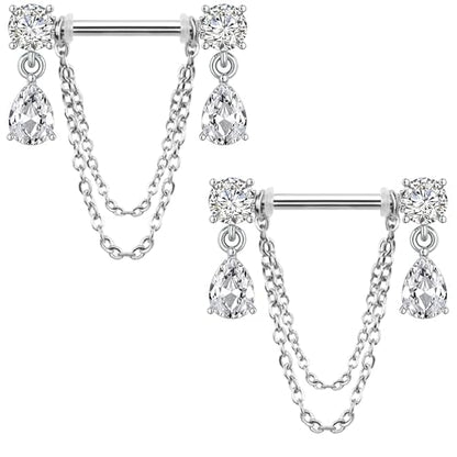 Dangle Chain Nipple Piercing Jewelry, CZ Gemstone Nipple Rings Surgical Steel for Women and Men, Silver Nipple Shields Barbell Rings, 14 Gauge A Pair