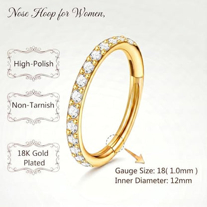 Staligue Nose Hoop ring - 316L Surgical Steel Nose Ring 16/18/20G Hinged Diamond Nose Ring Hoop Septum Clicker Rings Cartilage Earring Helix Rook Tragus Daith Piercing Jewelry for Women 6MM/8MM/10MM/12MM - color: Gold, size: 18G-12MM