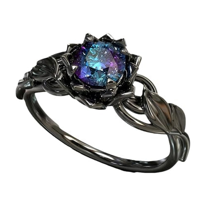 Cubic Zirconia Rings For Women, Gothic Ring Black Flower Crystal Stackable Trendy Floral Eternity Travel Engagement Statement Wedding Birthday Jewelry Gift - color: Goth Black Colorful