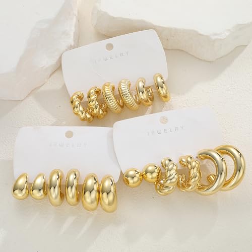 12 Pairs Chunky Gold Hoop Earrings for Women Trendy, Gold Plated Lightweight Hypoallergenic Stack, Thick Open Twisted Huggie Hoops Earring Set - color: 9 Pairs Gold Twisted