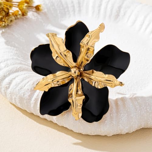 Retro Large Gold Leaves Black Red Enamel Flower Ring for Women Jewelry Gift | Bold Oil Drip Light Red Floral Irregular Petals Statement Gold Leaf Joint Finger Ring Punk Vacation Y2k Party Boho Accessory - color: Black